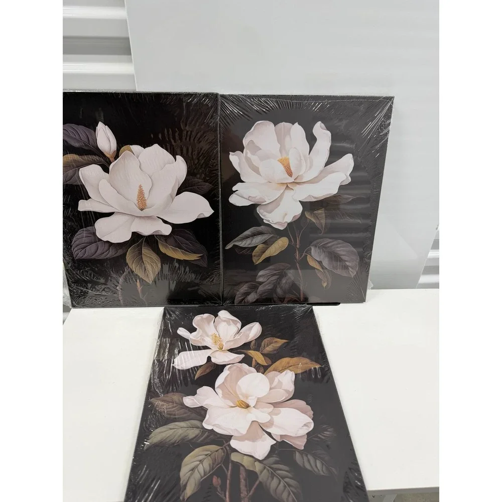 3 Piece Magnolia Floral Canvas Wall Art Set White Flowers Black Background 12x16